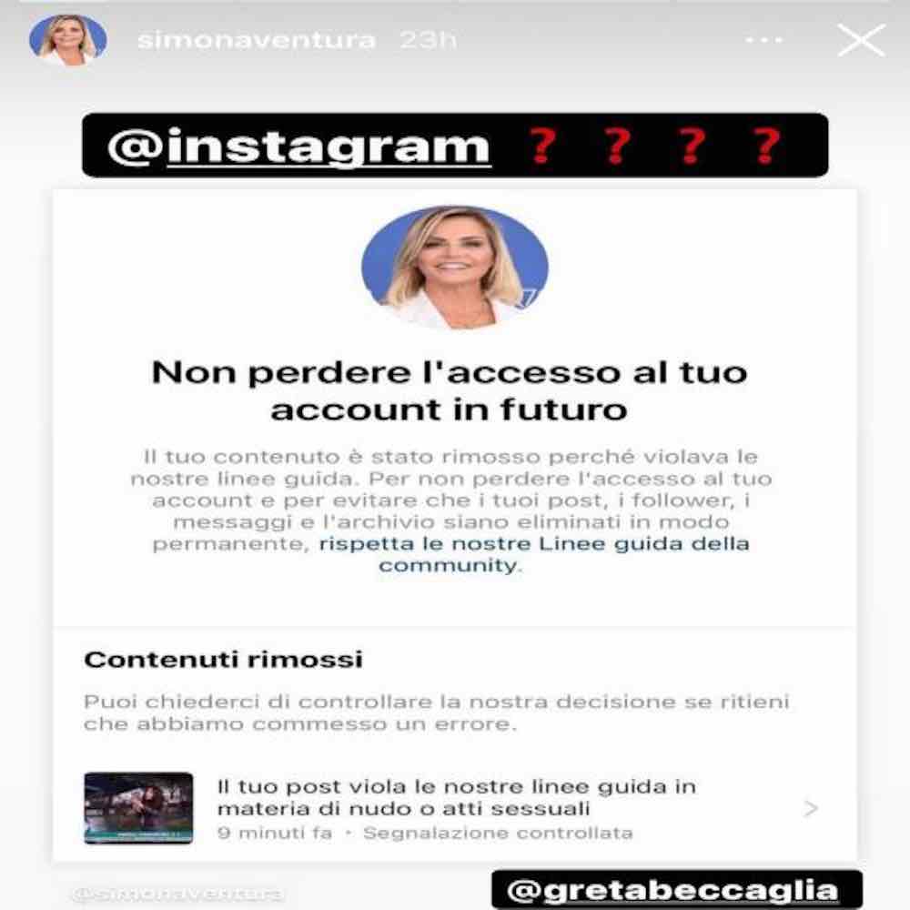 Instagram censura Simona Ventura social considera non idoneo