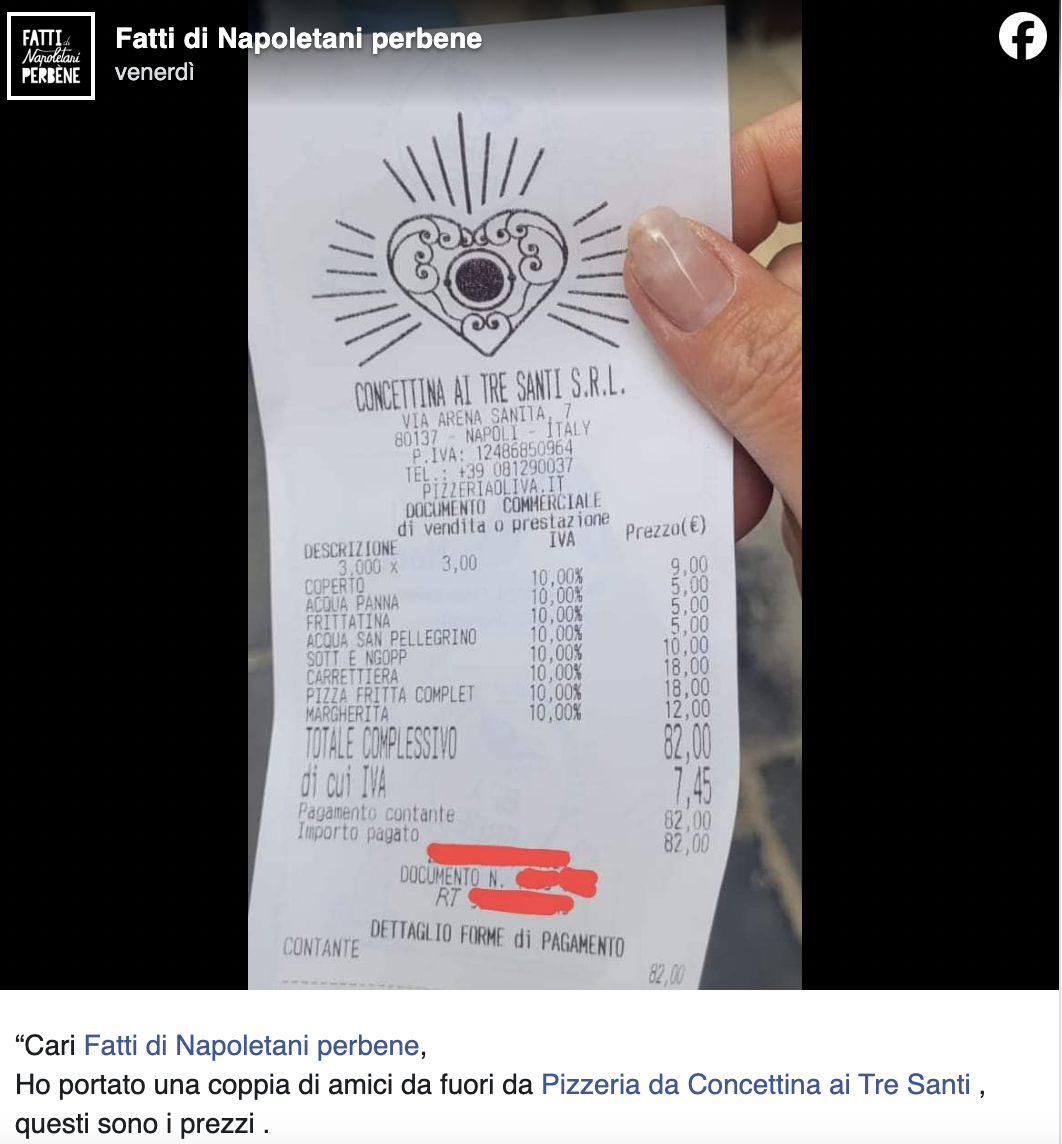 Napoli, sorpresa amara dopo una cena in pizzeria: "Per una Margherita 12 euro, totale di 82 euro in tre"