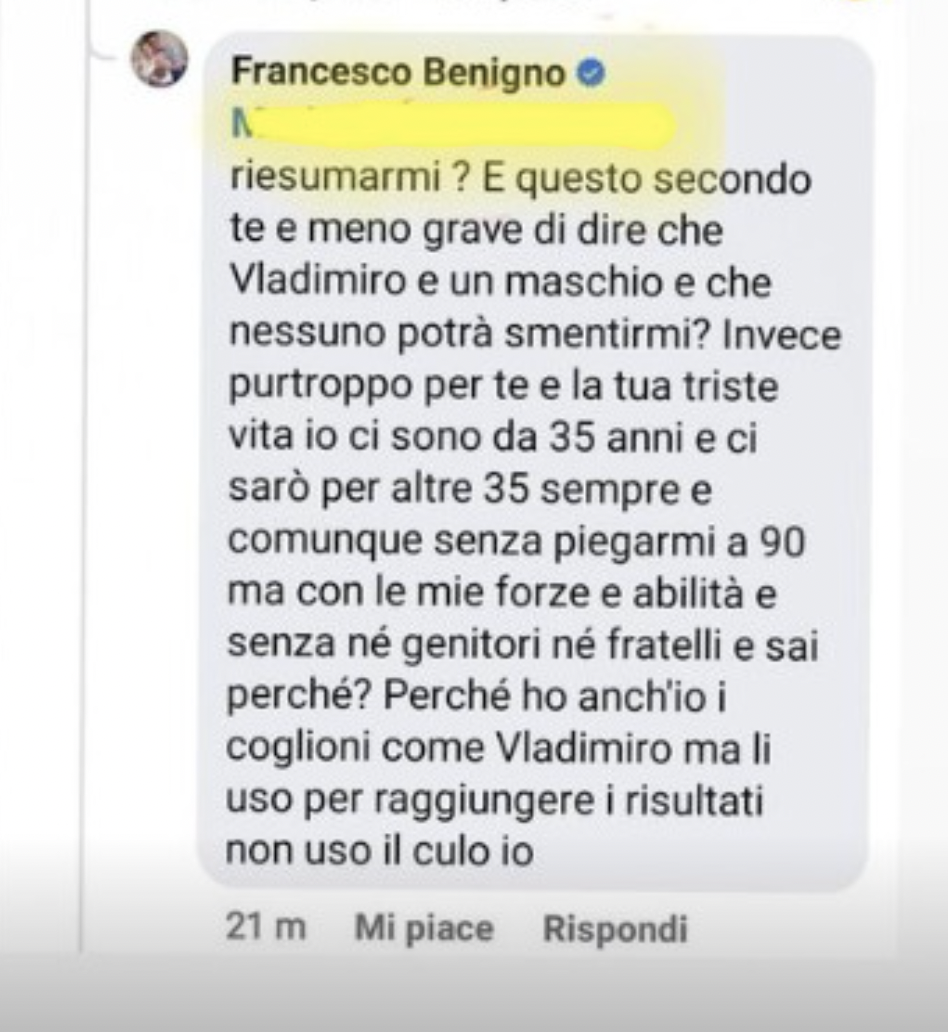 Francesco Benigno contro Vladimir Luxuria: "Siamo uguali, ho i cogl***i anch'io". Sonia Bruganelli interviene furiosa