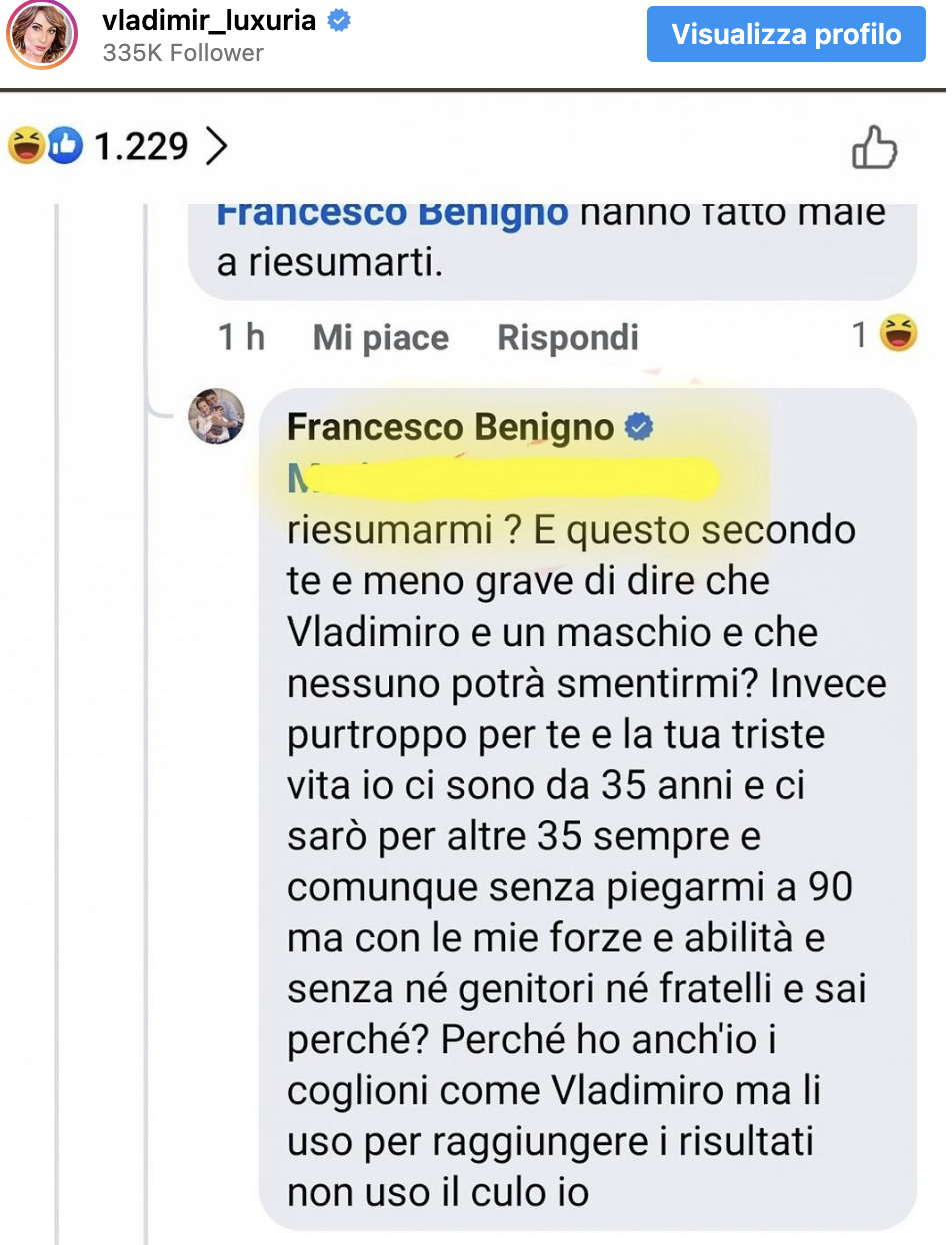 Vladimir Luxuria risponde a Benigno: ecco cosa ha detto sull'Isola - Il post su Instagram della conduttrice